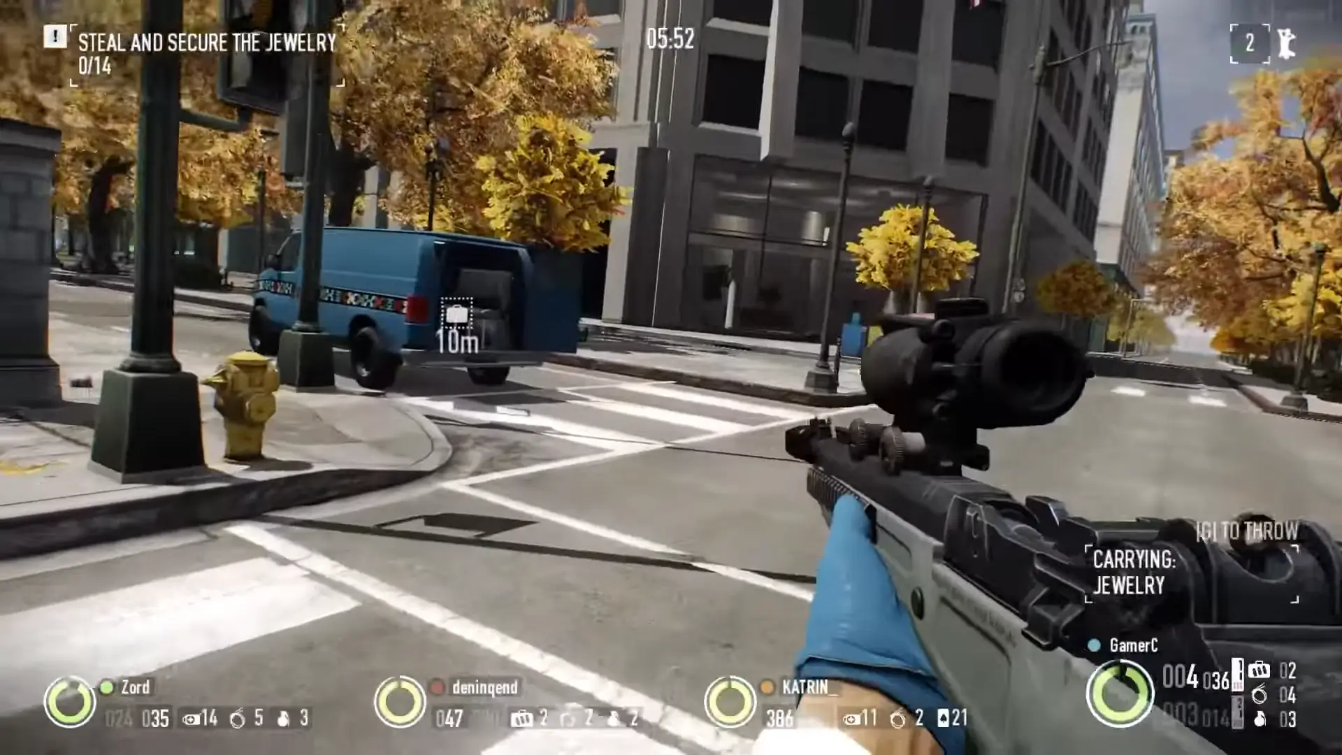Payday 2 heist gameplay screenshot showing a player aiming a sniper rifle on a city street during a jewelry heist